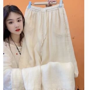 百搭宽松直筒长裤 女夏季 阔腿裤 1915复古休闲刺绣坠感薄款