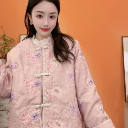 【月锦芳华】苏维原创新中式重工刺绣琵琶扣圆领亚麻保暖棉衣6888