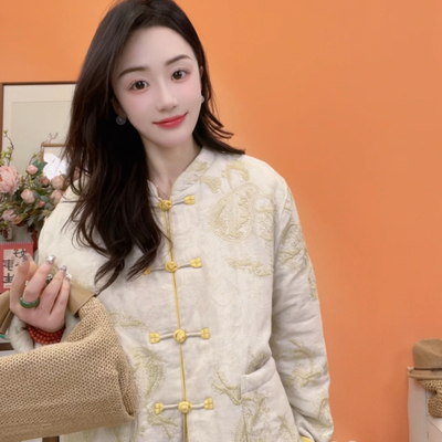 新中式国风盘扣印花长袖立领冬季加厚保暖棉袄外套9990