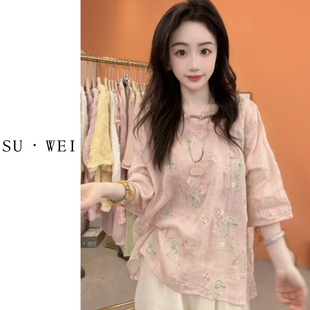 苏维原创新中式夏季苎麻刺绣宽松圆领斜襟百搭衬衫1695