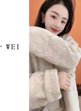 88101新中式国风立领盘扣亚麻棉刺绣冬季保暖女式棉服外套