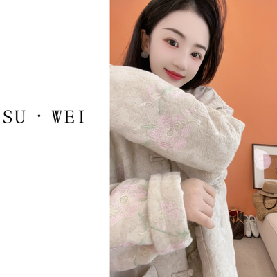 88101新中式国风立领盘扣亚麻棉刺绣冬季保暖女式棉服外套