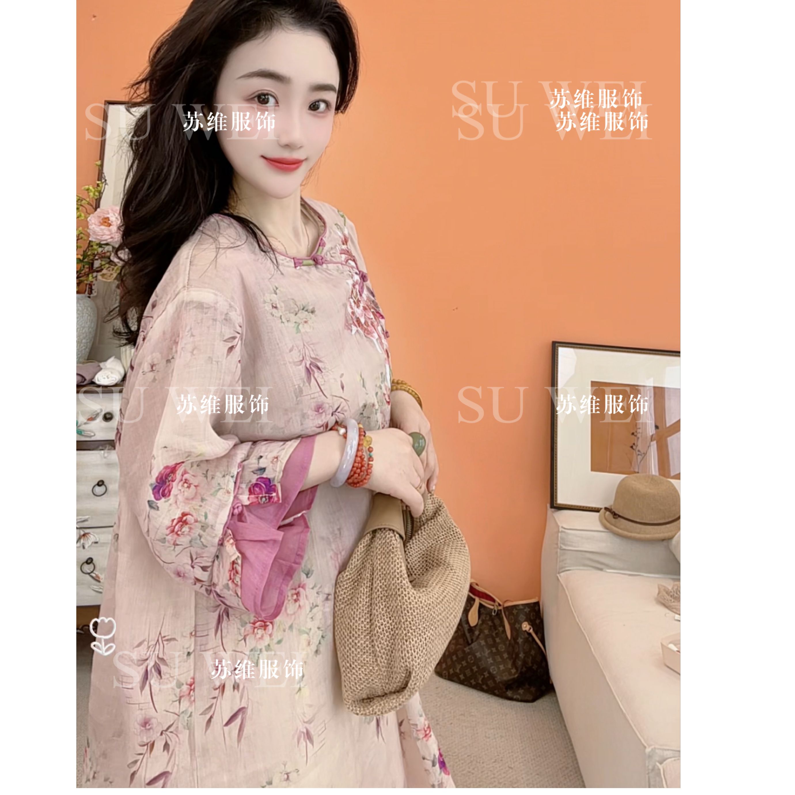 1321苎麻系扣圆领春夏中袖印花刺绣连衣裙H型裙植物花卉