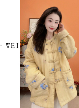 88103新中式立领盘扣刺绣苎麻女士秋冬保暖百搭外套