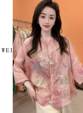 苏维原创新中式夏季刺绣宽松圆领斜襟百搭衬衫1685