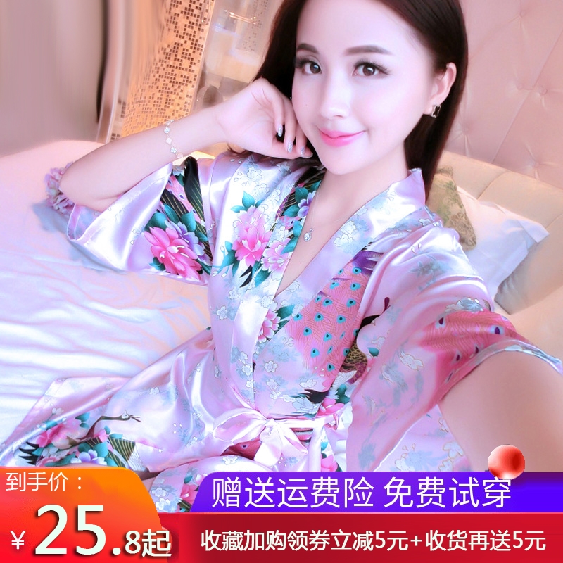 3夏季短袖真丝睡衣女士性感睡袍中长款韩日式和服系带浴袍丝绸睡裙