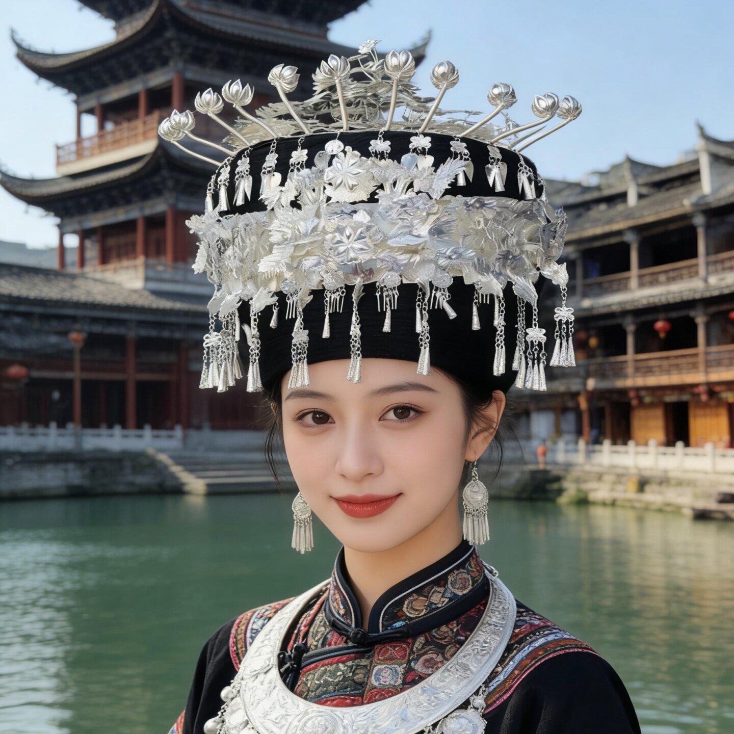 湘西少数民族苗族传统盛装银饰头饰苗银帽子民俗节日演出舞蹈配饰