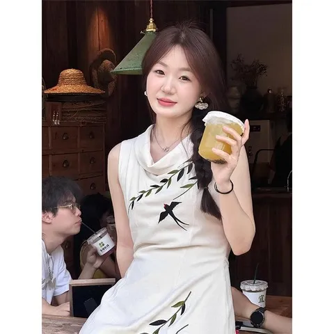 无袖连衣裙简约背心复古夏季女中长款设计感印花修身荡领时尚2025
