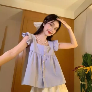 法式 方領(lǐng)碎花 短袖 雪紡辣妹短款 2025格子夏裝 露臍新款 小衫 飛飛袖
