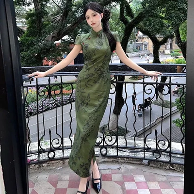 短袖旗袍裙新中式连衣裙复古夏季女客EAI春尧提花丹青改良气质一
