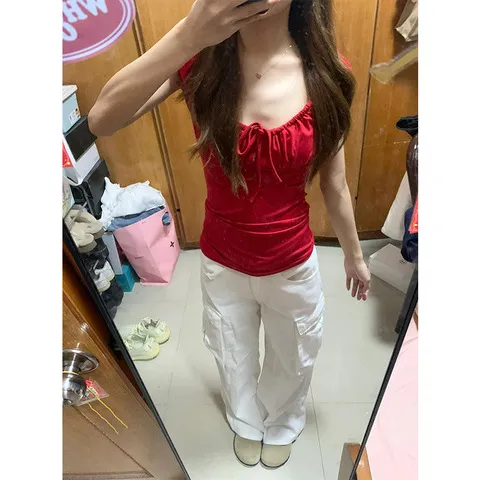 短袖甜蝴蝶结正t恤修身美式小众欲肩女纯红色上衣女辣妹新款夏季