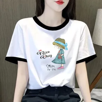 百搭拼接印花女上衣简约inst恤显瘦韩版宽松港风女春装短袖潮