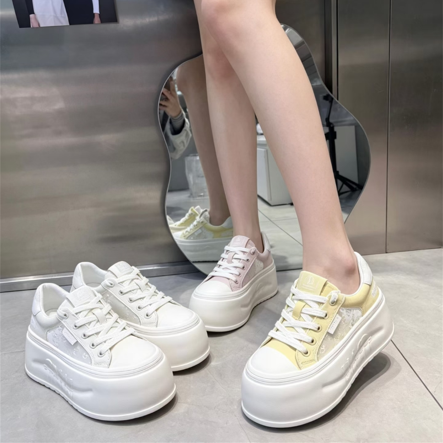 港风小个子厚底小白鞋女2026夏季新款增高轻便透气系带百搭松糕鞋