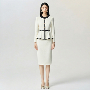 女美容院工作服秋冬 灯芯绒米白色端庄职业套装 suitqin西装 秦女装