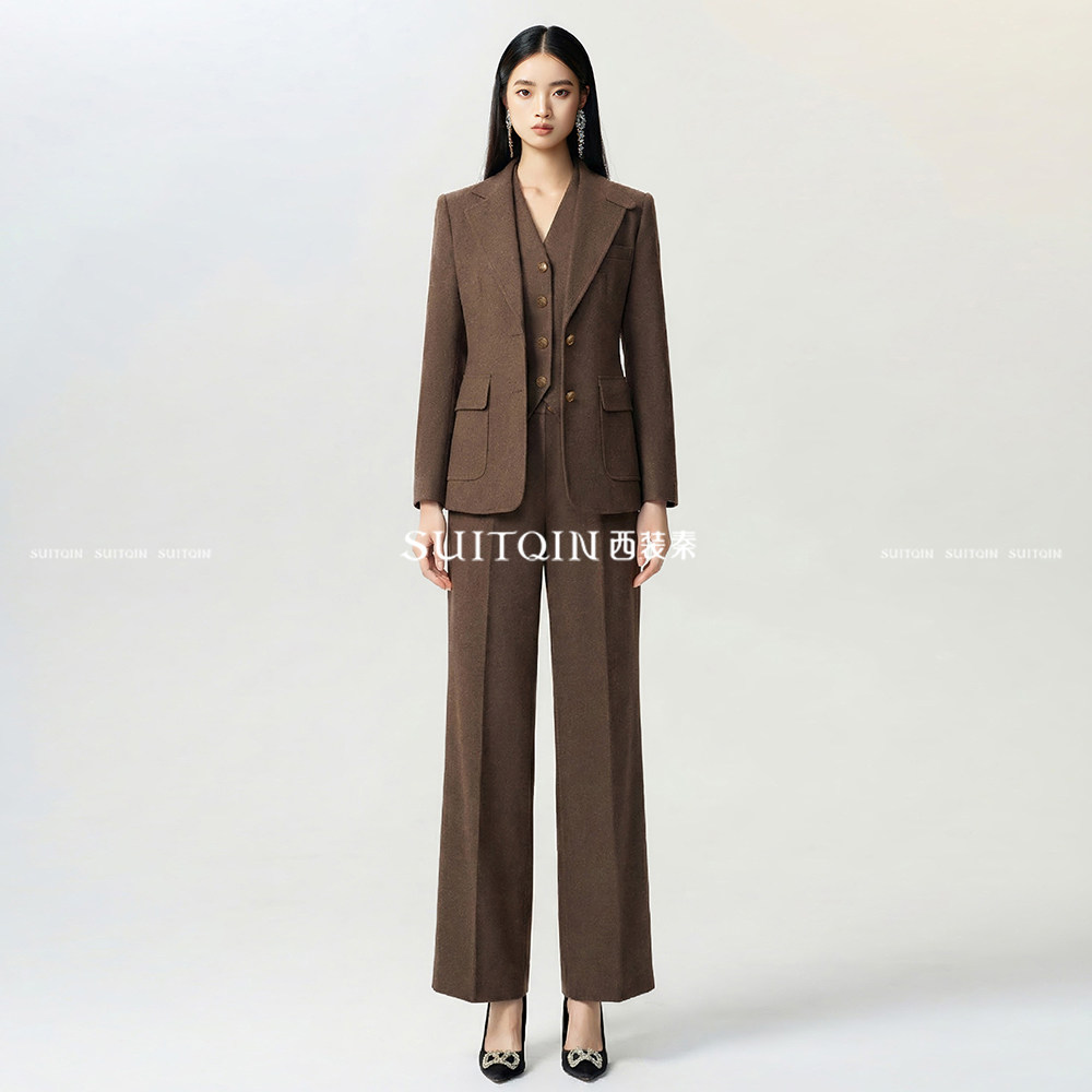SUITQIN西装秦棕色羊毛呢西装职业套装女士马甲三件套秋冬季正装,女装/女士精品,时尚套装,淘宝优惠券,粉丝福利购,淘宝优惠卷