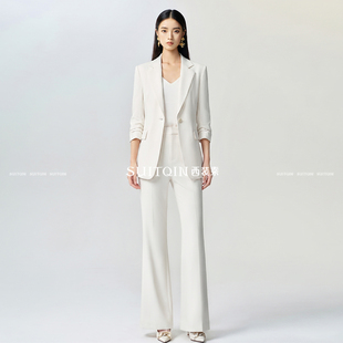 SUITQIN西装秦白色七分袖西装套装女春夏款职业西服阔腿裤工作服