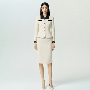 女士工作服秋冬季 灯芯绒米白色小香风职业套装 秦女装 suitqin西装