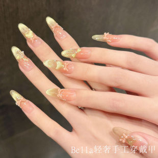 新款 少女裸粉渐变美甲鎏金爱心蝴蝶结珍珠手工穿戴甲 鎏金甜桃