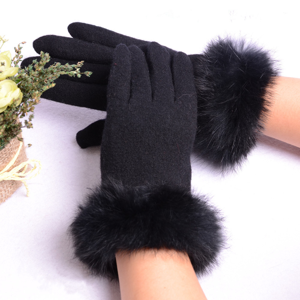 AUTUMN AND WINTER NEW WOMENS WOOL KNITTED GLOVES REAL RABBIT FUR MOUTH TO KEEP WARM AND COLD [ ]