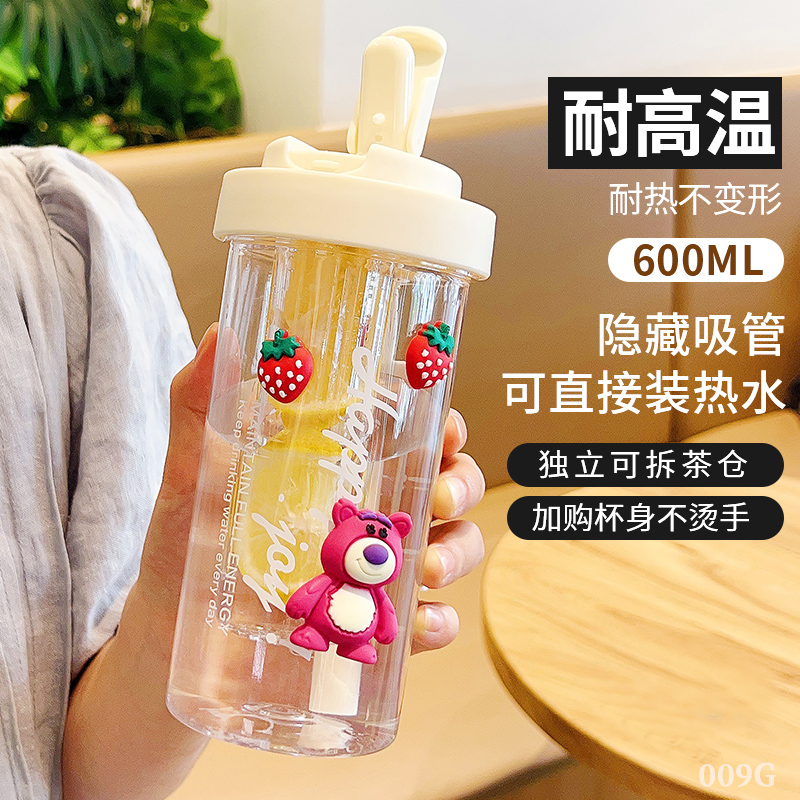 水杯女生高颜值2025新款带茶隔吸管塑料杯子夏耐高温儿童学生水壶
