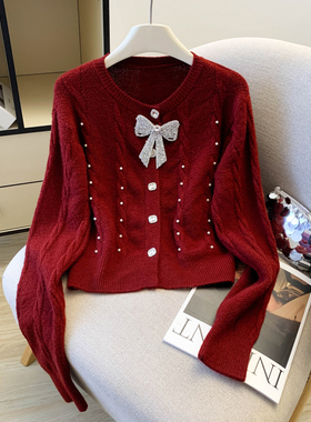 2026春款跨年红色法式钉珠针织衫女新款短款显瘦蝴蝶结毛衣上衣