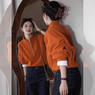 已出货 多巴胺橘色高领半拉链卫衣女2025秋冬松弛感小众百搭上衣