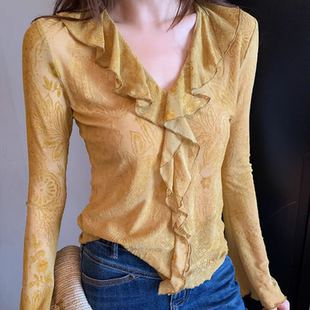 刺绣抽褶A字廓形小衫 通勤上衣优雅v领荷叶边扎染衬衫 时尚 早春新款