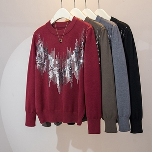 慵懒风设计感亮片圆领宽松型百搭针织衫 实拍大码 新款 冬季 上衣 女装