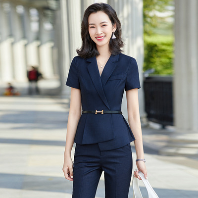 2023夏季深蓝两件套西装套装短袖售楼酒店珠宝工作服职业女裤套装