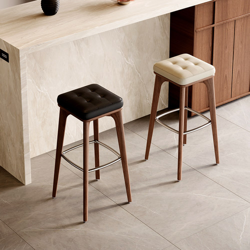 吧台椅实木高吧凳中古风 真皮高脚椅宋式 酒吧椅中式美式 酒吧凳