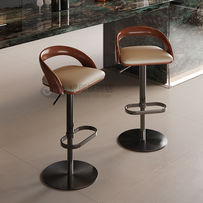 实木吧台椅家用升降岛台椅靠背椅真皮轻奢高级感吧台意式轻奢椅子