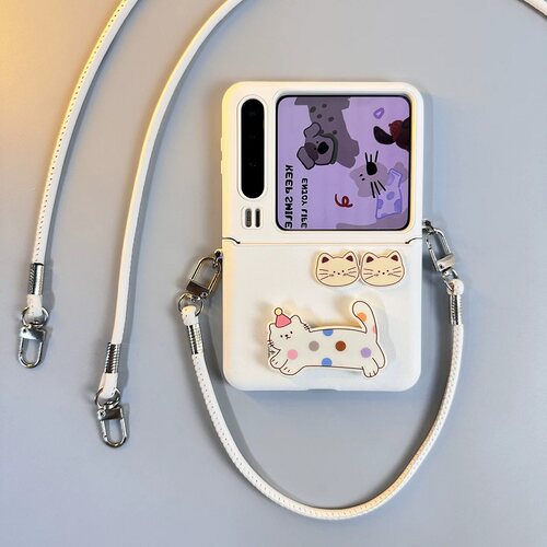可爱猫咪折叠支架适用华为Pura X折叠屏手机壳pocket 2斜挎小米mixflip2三星zflip8全包OPPOFindN3Flip荣耀女