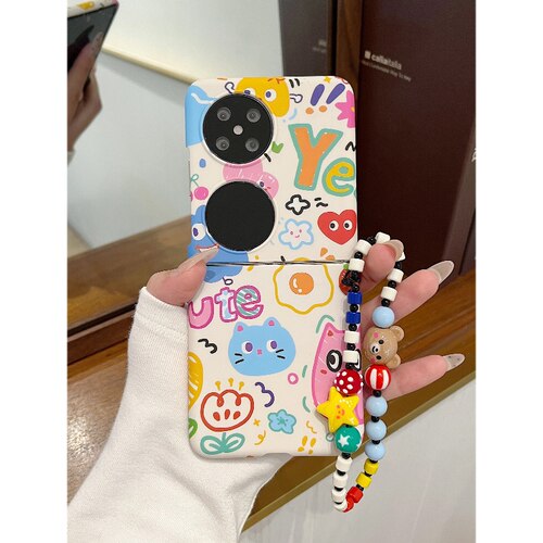 可爱涂鸦蓝猫适用华为pocket2折叠屏手机壳小米mixflip硬壳防摔三星zflip6手链OPPO Find N3Flip创意荣耀vivo