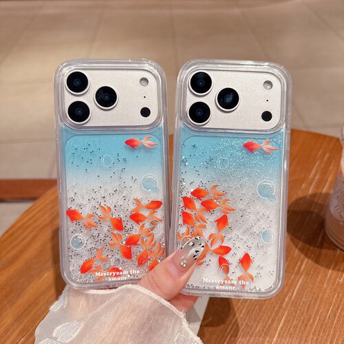 新款流沙流动滑块泡泡小金鱼适用苹果17promax手机壳iPhone16新款15pro创意个性14高级感13透明硬壳12p保护套