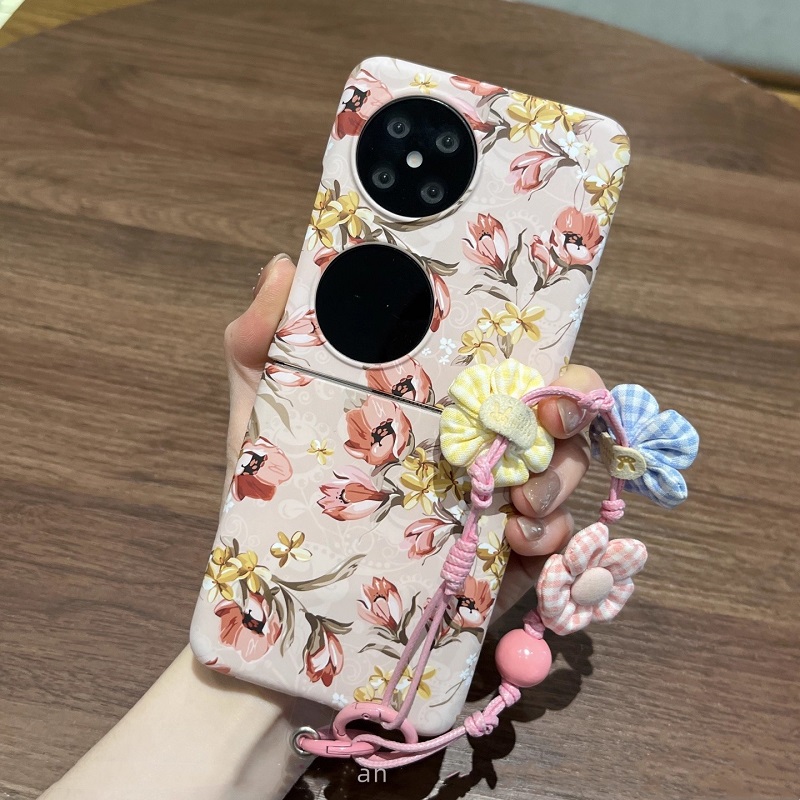 粉色复古花卉适用华为Pura X折叠屏手机壳pocket 2小米mixflip2手绳三星zflip7硬壳OPPOFindN3Flip肤感荣耀女