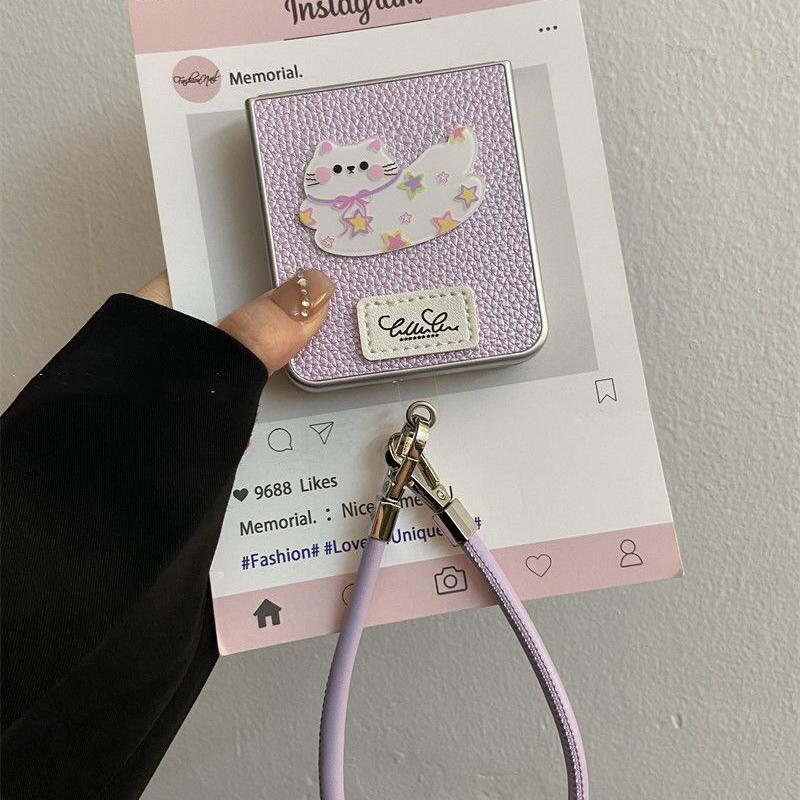 网红皮纹猫咪适用于华为pocket2折叠屏三星zflip6翻盖小米mixflip手链条oppoN3 Flip硬壳荣耀卡通vivoxflip女