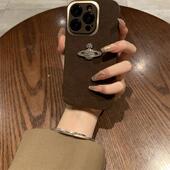 金属圈深棕色月坑纹镶钻星球适用苹果16promax手机壳15高级感13promax新款 12pro磨砂14promax全包xsmax皮质XR