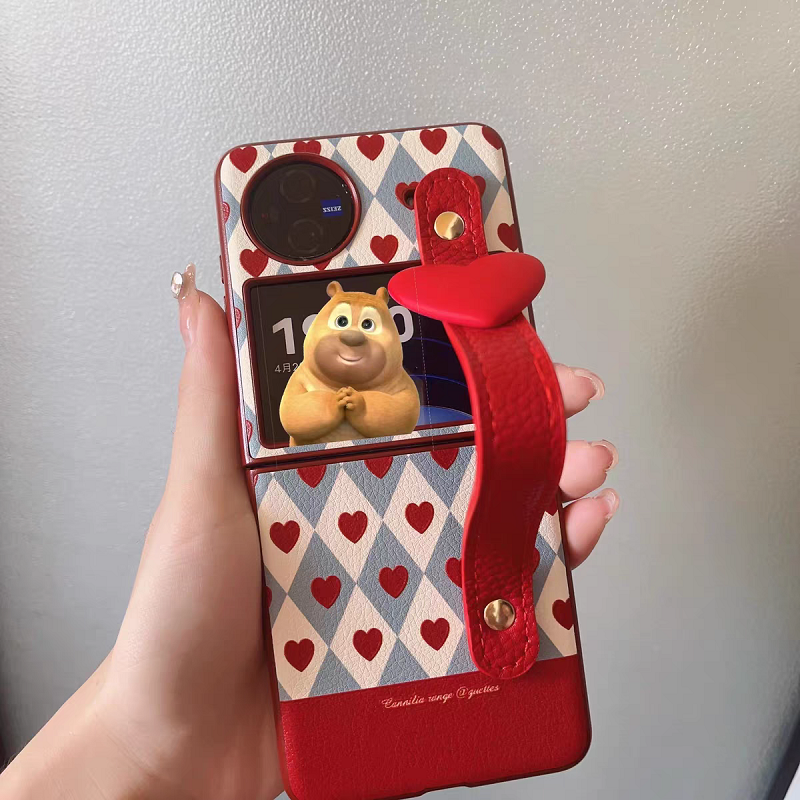 ins小众爱心适用vivoxflip手机壳nova折叠屏手机壳n2女n3腕带三星zflip3/4/5/6皮纹硬壳华为p50pockets 2女款