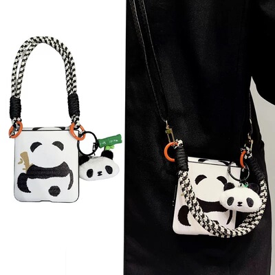 创意熊猫皮纹适用华为Pocket 2手机壳折叠屏n3flip挂件三星zflip5/4/3斜挎oppofindn2flip保护套p50pockets女