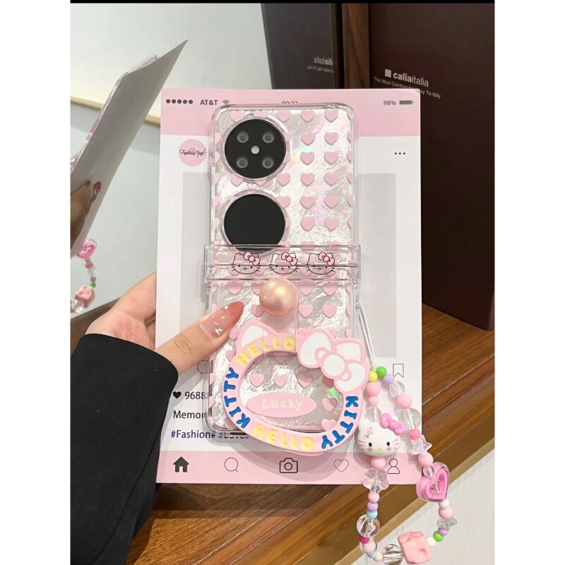 可爱kt猫指环扣吊坠适用华为Pura X折叠屏手机壳pocket2小米mixflip硬壳三星zflip6手链OPPOFindN3Flip荣耀女