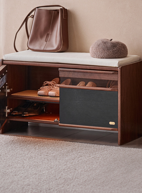 入户换鞋凳可坐黑胡桃木玄关入户穿鞋凳进门凳实木皮坐垫门口鞋柜