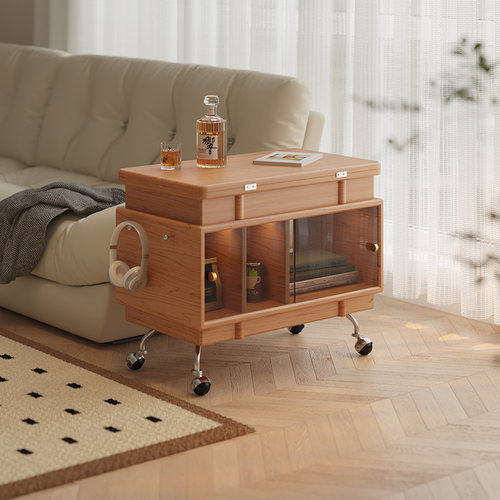 色格实木折叠旋转边几樱桃木可移动沙发边柜展示收纳柜卧室床头柜