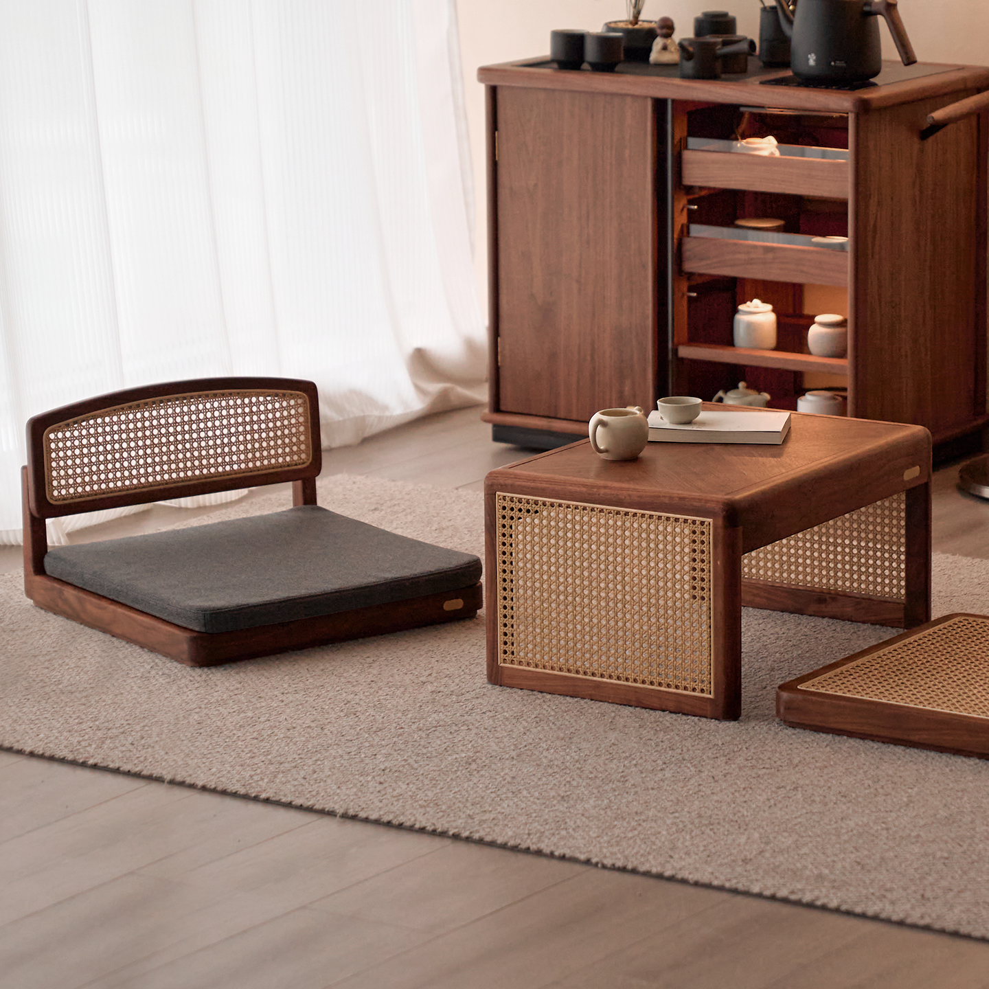 实木榻榻米茶椅黑胡桃木客厅现代简约休闲椅飘窗小户型矮靠背椅