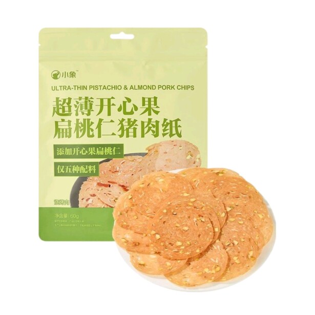 小象超市长沙代购小象超薄开心果扁桃仁猪肉纸60g(内含4小包)
