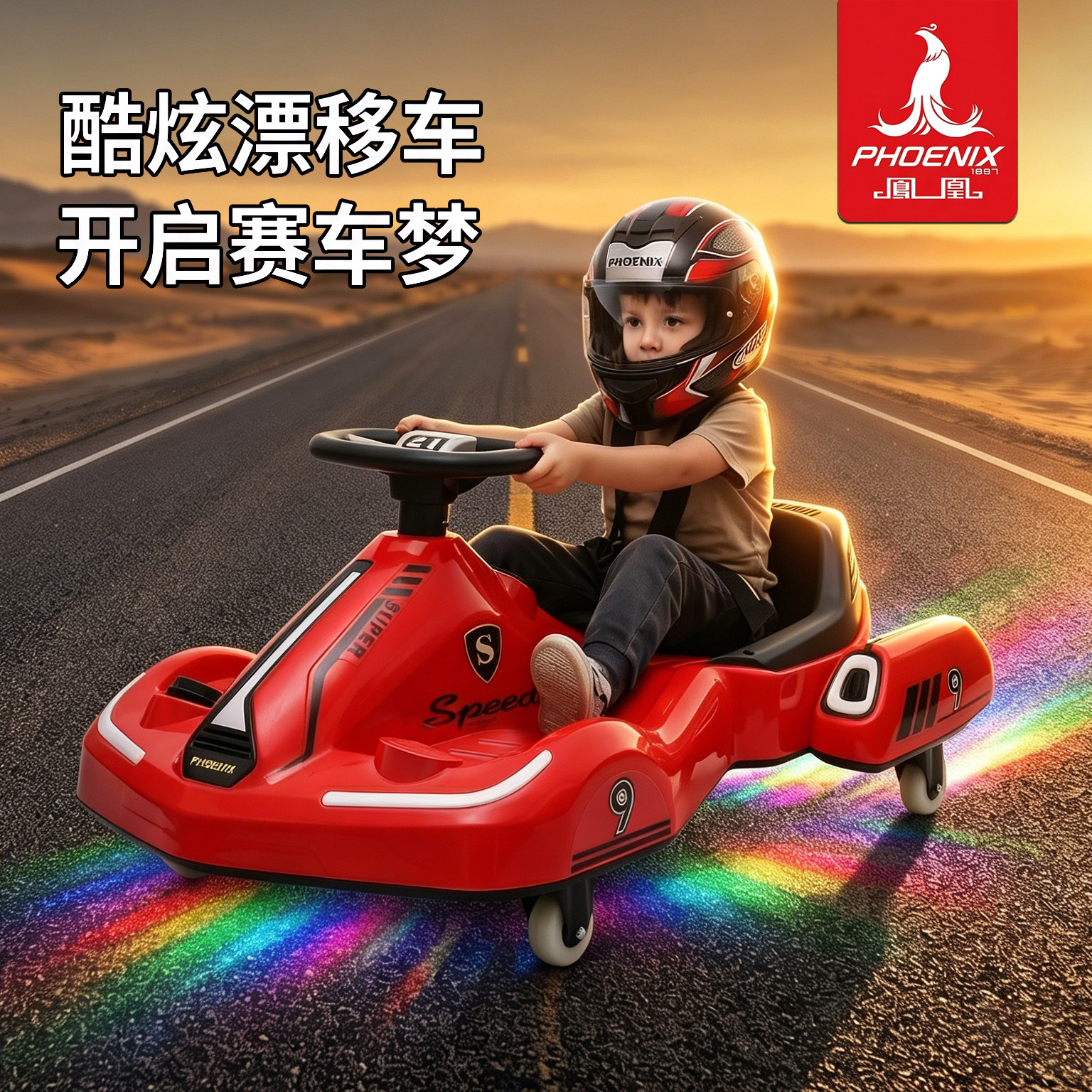 凤凰儿童电动漂移车3-8岁炫彩灯光赛车造型男女小孩玩具车溜溜车