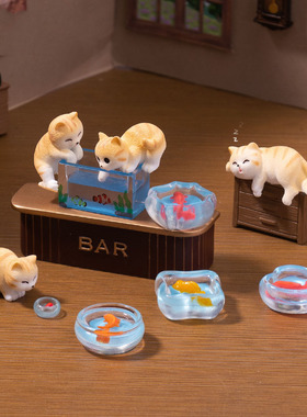 微景观创意可爱可爱调皮捞鱼小花猫娃娃屋 DIY装饰品微缩树脂摆件