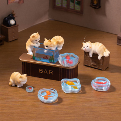 微景观创意可爱可爱调皮捞鱼小花猫娃娃屋 DIY装饰品微缩树脂摆件