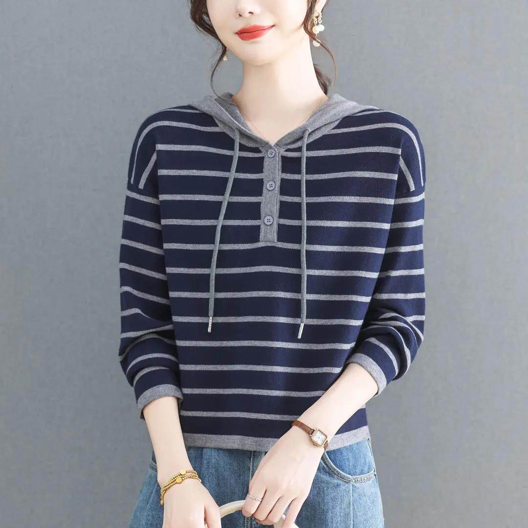 陆海丰精品女装春季新款条纹连帽卫衣女长袖短款针织衫薄款t恤衫