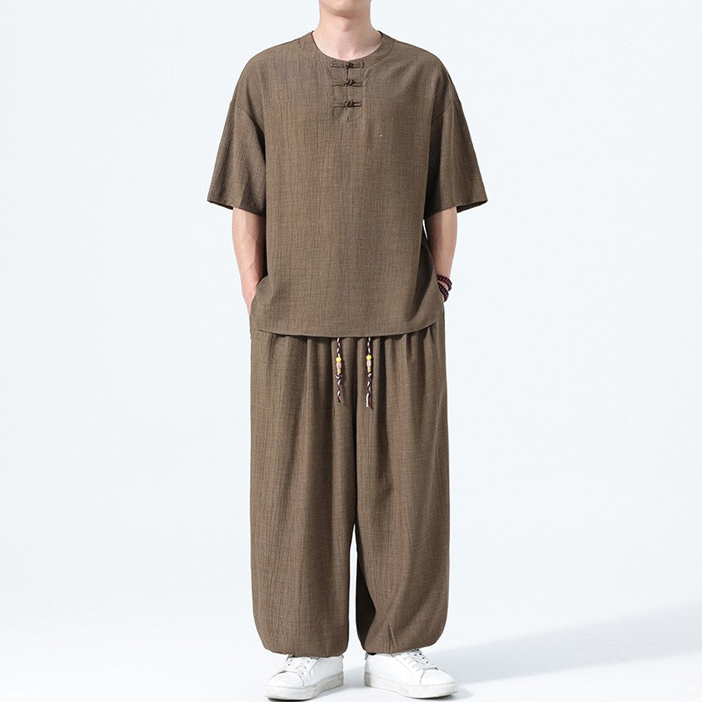 宏嫩中国风夏季冰丝衬衫套装中式盘扣禅意茶服复古男士高端两件套