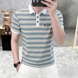 雪溪衣橱优选男装2026新款夏季男士翻领T恤条纹短袖时尚polo衫潮
